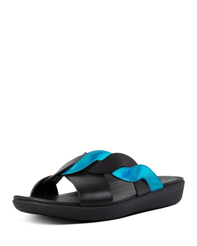 Fitflop Women's Reagan Rope Silp On Slide Sandals Black Blue Leather Slide