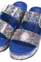 Cape Robbin Praise Footbed Platform Strappy Rhinestone Flat Slip On Sandals Blue