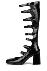 Jeffrey Campbell Monsieur Black Crinkle Patent Fashion Open Knee Gladiator Boots
