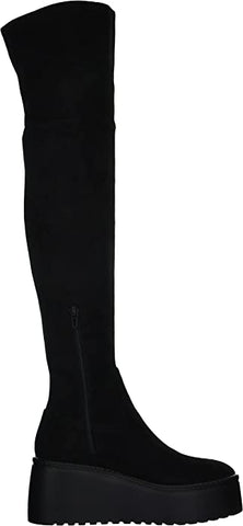 Nine West Hojo2 Black Stretch Suede Wedge Platform Over Knee Fashion Fitted Boot