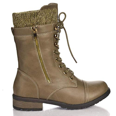 Forever Link Womens Mango-31 Taupe Knit Zipper closure Lace Up Combat Boots