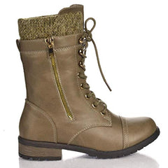 Forever Link Womens Mango-31 Taupe Knit Zipper closure Lace Up Combat Boots