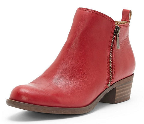 Lucky Brand Basel Garnet Red Leather Low Block Heel Fashion Ankle Booties Wide