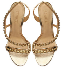 Schutz Court Gold Metallic Crystal Studs Pull On Open Toe Stiletto Heel Sandals