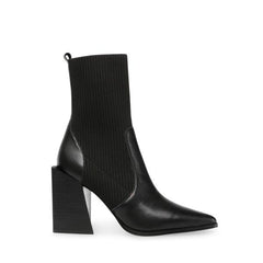 Steve Madden Tackle Black Leather Pull-On Asymmetrical Stacked Heeled Boot