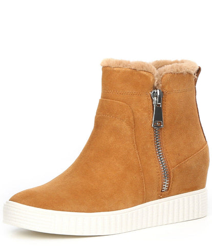 STEVEN by Steve Madden Bamby Camel Fur Lined Fashion Wedge Sneaker Ankle Bootie