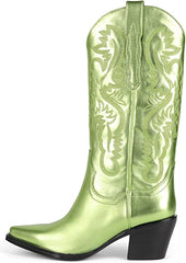Jeffrey Campbell DAGGET Green Metallic Mid-Calf Pointed Toe Western Heeled Boots