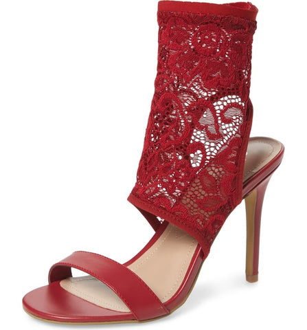 Charles David Remote Scarlet Red Lace Sock Fabric Bootie Stiletto Heeled Sandals