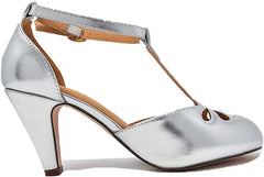 Chase & Chloe Kimmy-36 Teardrop T-Strap Mid Heel Pumps Silver