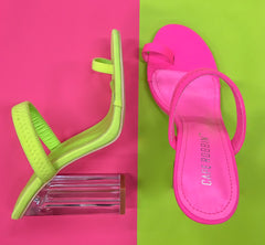Cape Robbin Macaroon Neon Pink Stretch Strap Lucite Clear High Heel Mule Sandals