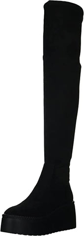 Nine West Hojo2 Black Stretch Suede Wedge Platform Over Knee Fashion Fitted Boot