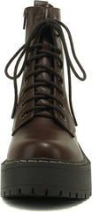 Soda Fling Brown Pu Lace Up Chunky Lug Sole Rounded Toe Wide Combat Ankle Boots