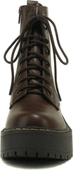 Soda Fling Brown Pu Lace Up Chunky Lug Sole Rounded Toe Combat Ankle Boots