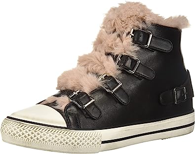 Ash Valko Black Ash Rose Fur Lined Buckle Strap High Top Sneakers Ankle Booties