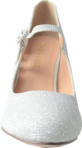 Chase & Chloe Kimmy-21 Rounded Toe Slip On Mary Jane Dress Pumps Silver Glitter