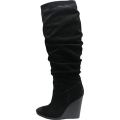 Charles David Helsinki Black Slouched Knee High Suede Wood Platform Wedge Boots