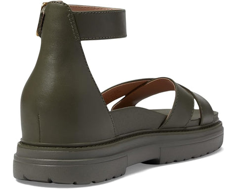 Cole Haan Fraya Tea Leaf Leather Ankle Strap Open Round Toe Chunky Heel Sandals