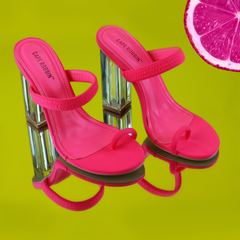Cape Robbin Macaroon Neon Pink Stretch Strap Lucite Clear High Heel Mule Sandals
