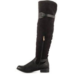 Caliente PartyBus Black Vegan Leather Suede Stacked Heel Over The Knee Boots