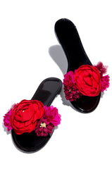 Cape Robbin Women Fullbloom 3D Black Floral Embellished Flat Jelly Slide Sandals