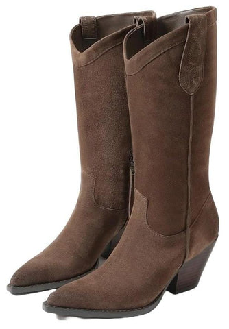 Sam Edelman Jamie Olive Taupe Side Zipper Pointed Toe Block Heel Western Boots