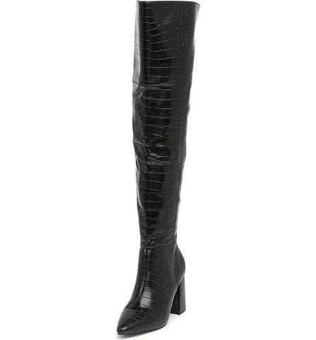 Charles David Various Black Croco Leather Over Knee Pointed Toe Block Heel Boots
