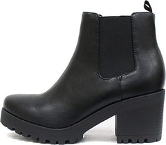 Soda Jaber Black Pu Chunky Lug Sole Elastic Gore Pull On Chelsea Ankle Boots