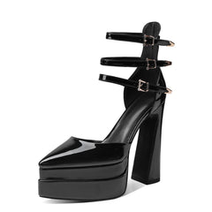 Arqa Platform Heels Patent Leather Pointy Toe High Heels Ankle Buckle Dress Pumps 7