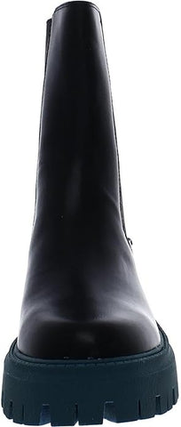 Nine West Rives8 Black Leather Chunky Lug Sole Pull On Ankle Chelsea Moto Boots