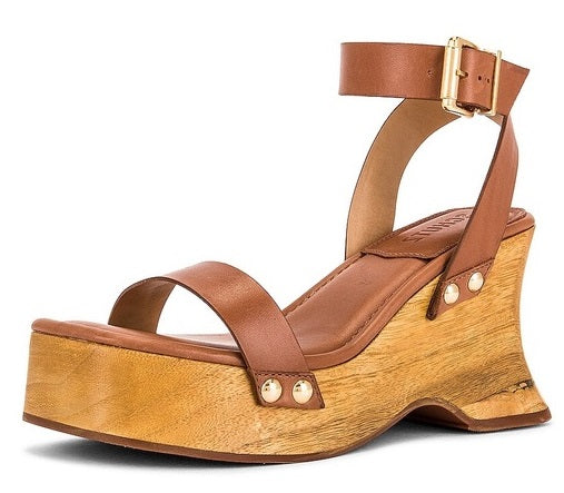 Schutz Lansy Deep Beige Buckle Ankle Strap Wooden-Sole Wedges Style Sandals