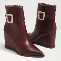 Sam Edelman Weslie Burgundy Wedge Heeled Almond Toe Buckle Detailed Booties