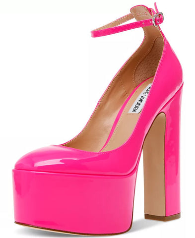Steve Madden Skyrise Dark Pink Patent Block Heel Almond Toe Ankle Strap Pumps
