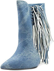 Luichiny Going Fast Pointed Toe High Stiletto Distressed Denim Fringe Ankle Boot