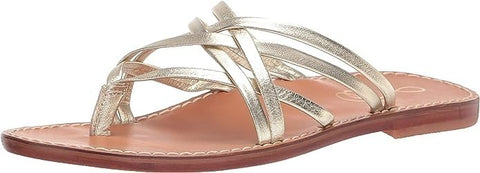 Sam Edelman Marinea Gold Leather Slip On Open Toe Strappy Flat Slides Sandals