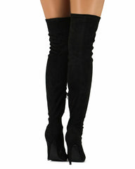 Liliana Gisele-7 Black Thigh High Stretchy Suede Fitted Pointy Stiletto Boot (8)