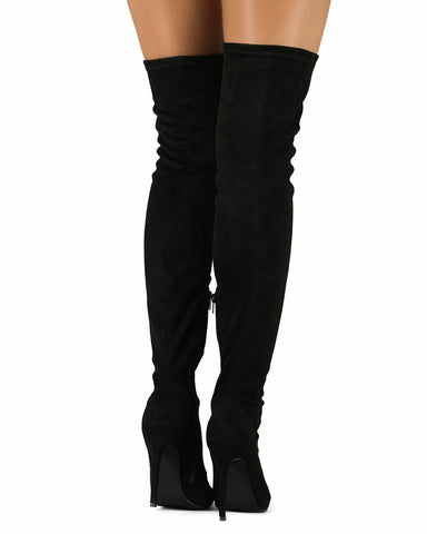 Liliana Gisele-7 Black Thigh High Stretchy Suede Fitted Pointy Stiletto Boots