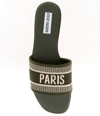Steve Madden Knox Olive Multi Woven Strap Slip On Open Rounded Toe Flat Sandals