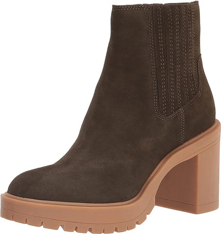 Dolce Vita Caster H2O Olive Suede Pull On Chunky Block Heel Fashion Ankle Boots