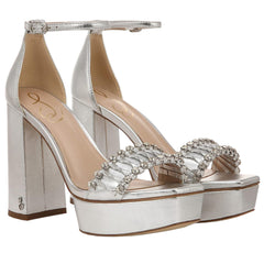 Sam Edelman Ninette Silver Embellished Strap Buckle Ankle Block Heel Sandals