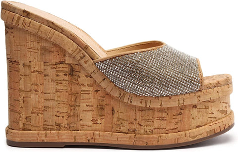 Schutz Dalle Crystal Beige Embellished Strap Slip On High Heel Wedges Sandals