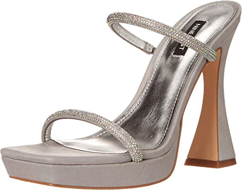 Nine West Adine2 Light Grey Open Toe Slip On Shimmer Detailed Heeled Sandals