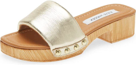 Steve Madden Belong Gold Slip On Wood Clog Open Toe Blocked Heeled Sandals