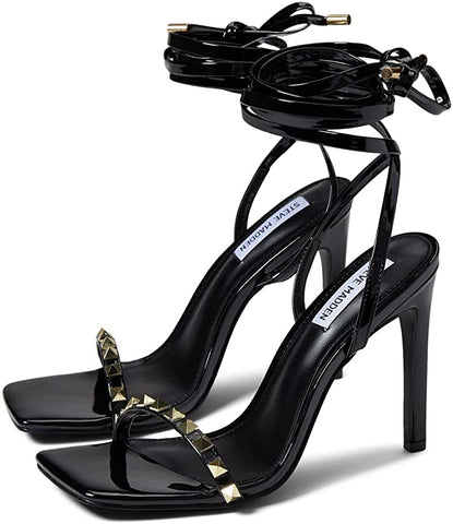 Steve Madden Underate-S Black Patent Strappy Tie Up Open Toe Heeled Sandal Pumps