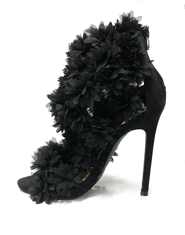 Privileged Earvin Black Flowery Detailed Open Toe Stiletto Heeled Pump Sandals
