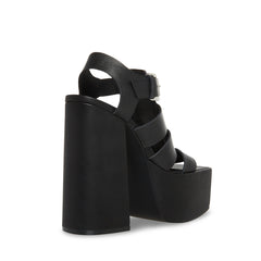 Steve Madden Tranquil Black Leather Open Square Toe Buckle Detail Heeled Sandals