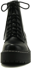 Soda Fling Black Pu Lace Up Chunky Lug Sole Rounded Toe Wide Combat Ankle Boots