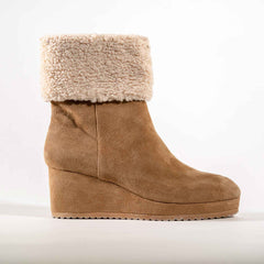Cecelia New York Geramy Brown Suede Faux Fur Cuff Side Zipper Wedge Heeled Boots