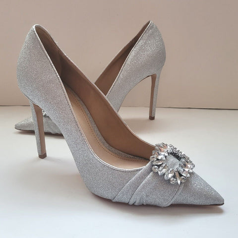 Schutz Meisho Glam Silver Pointed Toe Glittery Upper Stiletto Heel Pumps Shoes