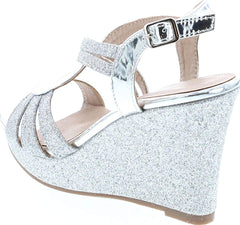 Forever Happy-09 Silver Glitter Strappy Wrapped Wedge Heel Platform Sandals