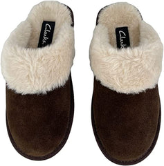 Clarks Womens Open Back Suede Leather Comfort Clog Slipper JMS0583C - Plush Faux Fur Trim - Indoor Outdoor House Slippers For Women